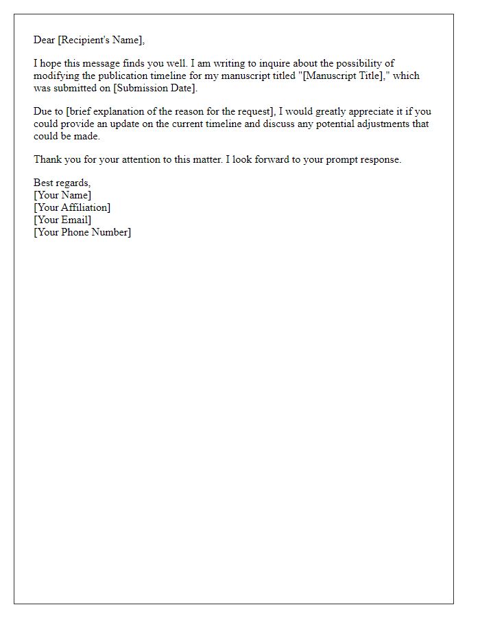 Letter template of inquiry about publication timeline modification.