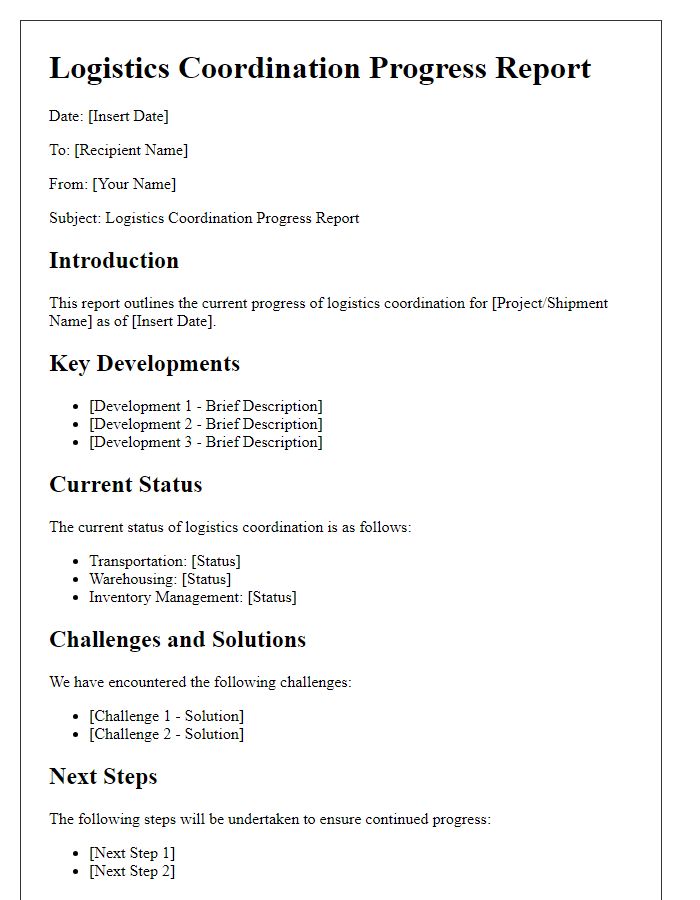 Letter template of logistics coordination progress report.