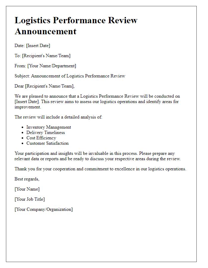 Letter template of logistics performance review announcement.