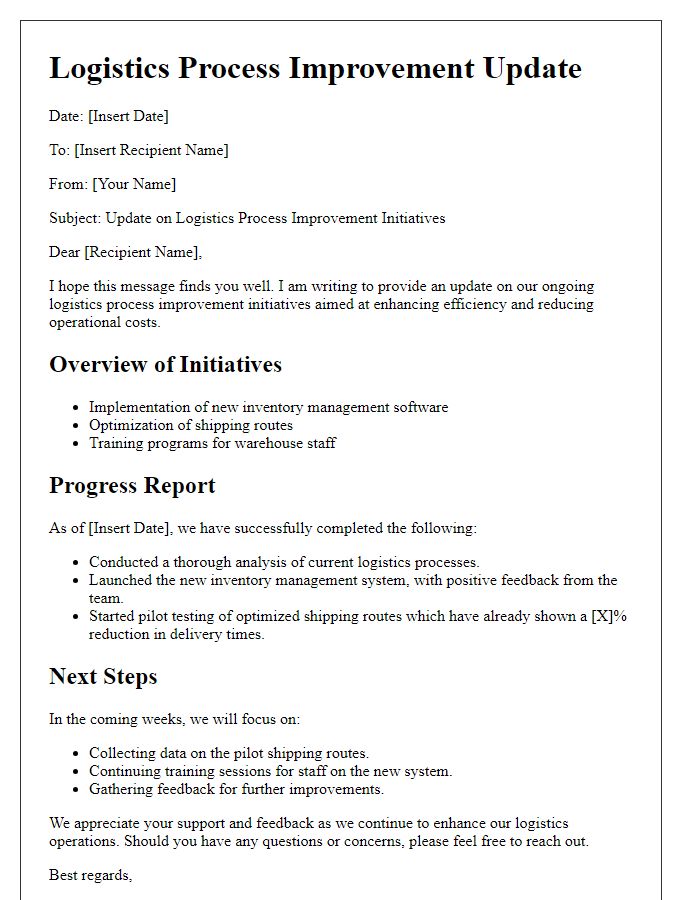 Letter template of logistics process improvement update.