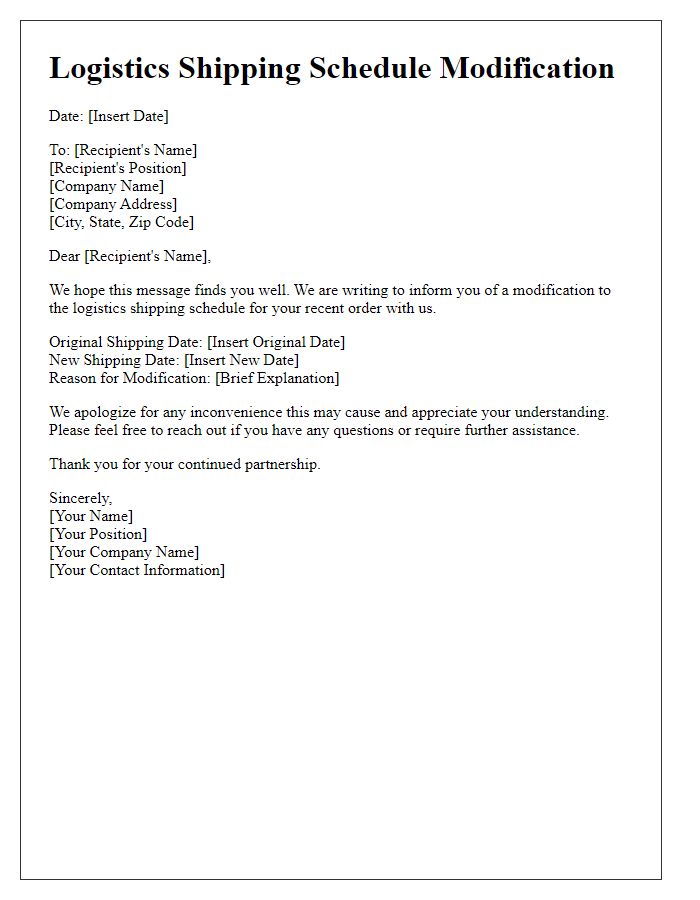 Letter template of logistics shipping schedule modification.