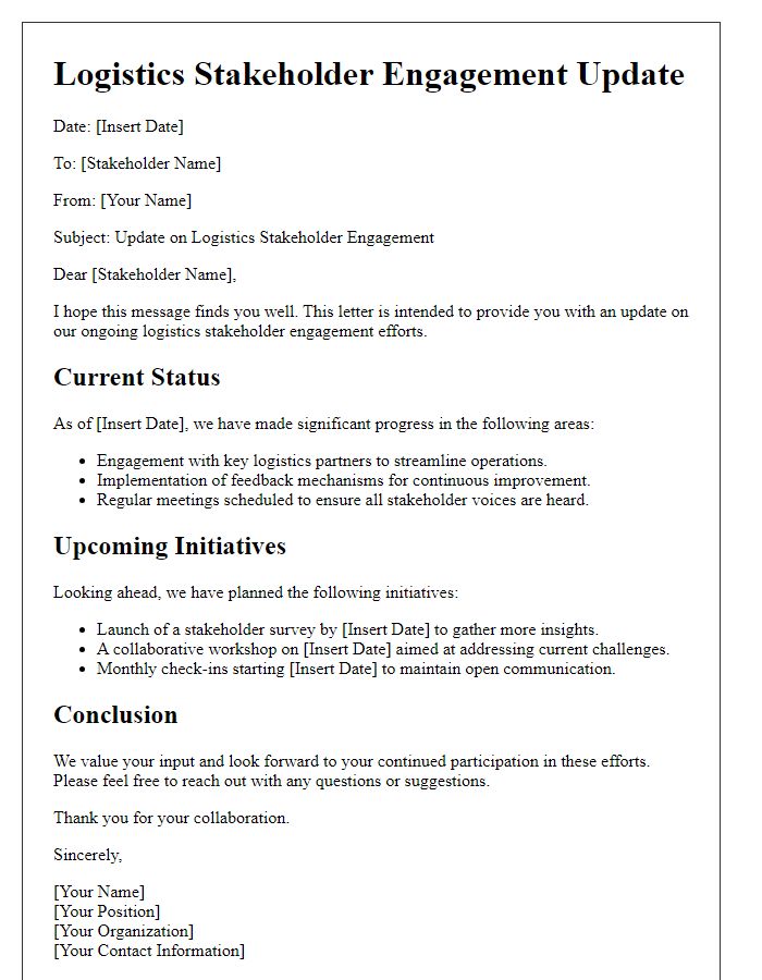 Letter template of logistics stakeholder engagement update.