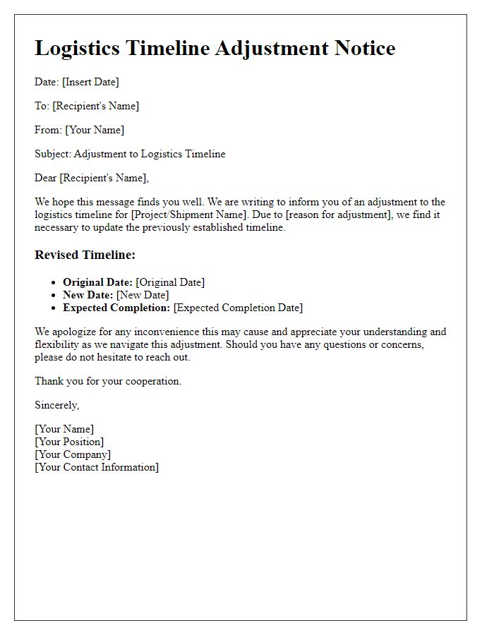 Letter template of logistics timeline adjustment notice.