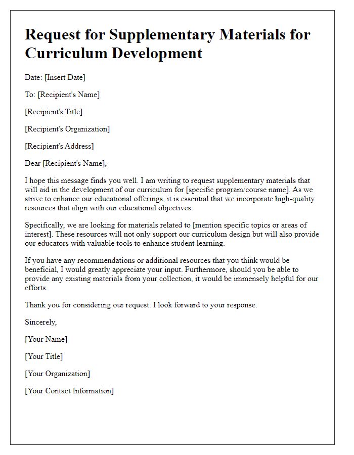 Letter template of supplementary material request for curriculum development