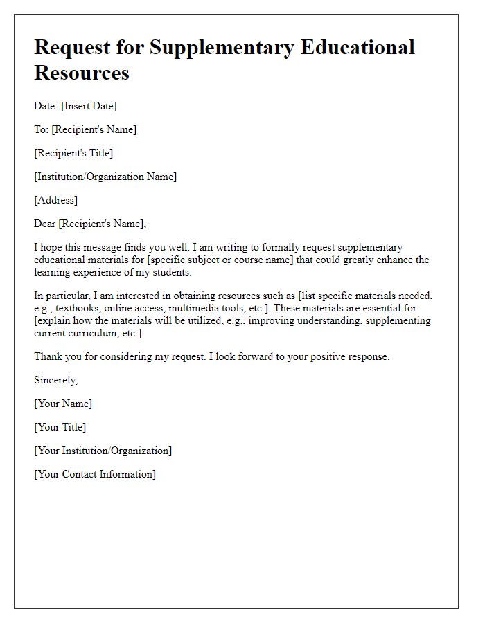 Letter template of supplementary material request for educational resources