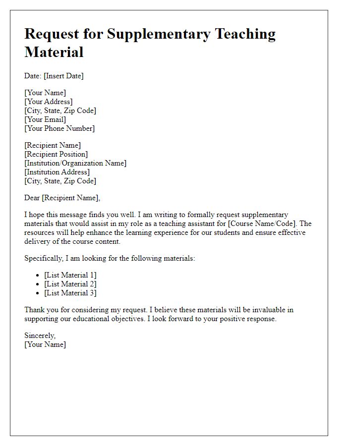 Letter template of supplementary material request for teaching assistance