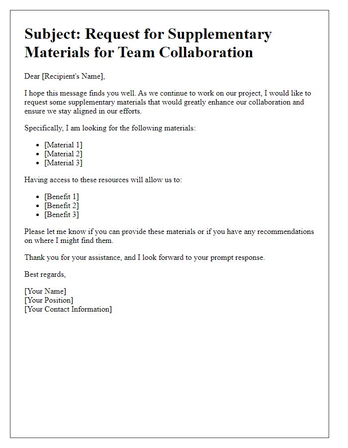 Letter template of supplementary material request for team collaboration