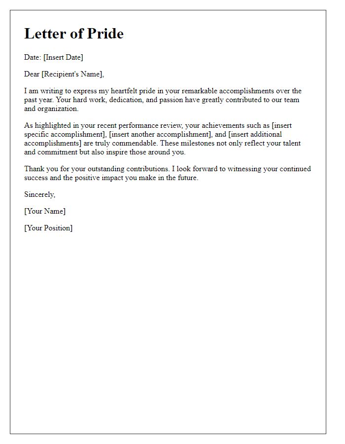 Letter template of pride for notable accomplishments in reviews