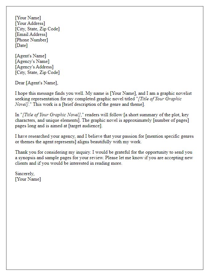 Letter template of an inquiry to literary agents for graphic novels