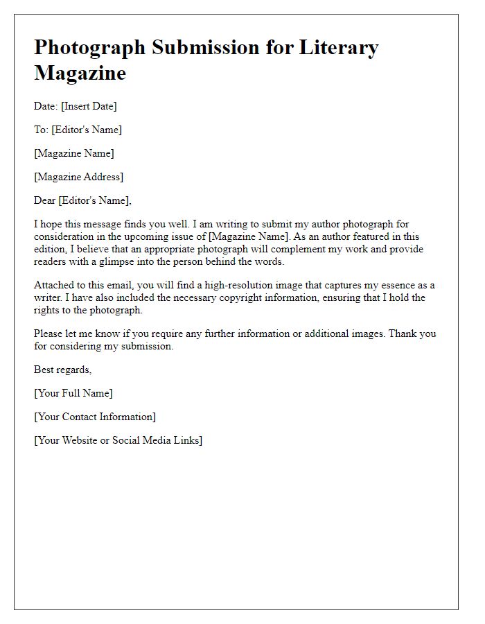 Letter template of author photograph submission for literary magazine features.