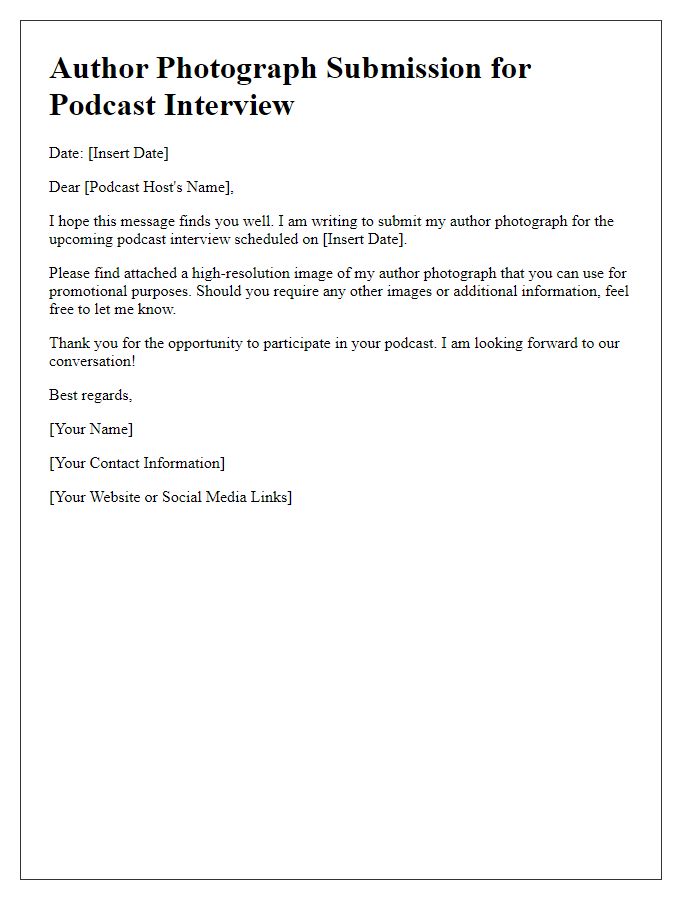 Letter template of author photograph submission for podcast interviews.