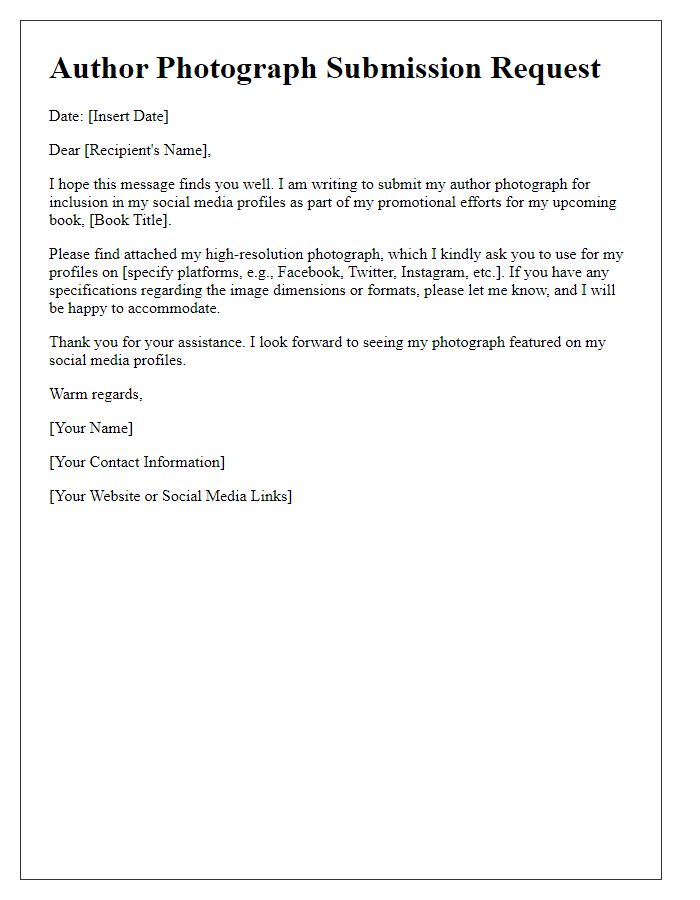 Letter template of author photograph submission for social media profiles.