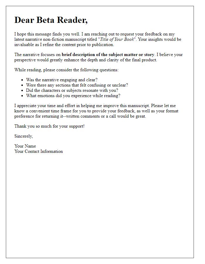 Letter template of narrative non-fiction feedback request for beta readers