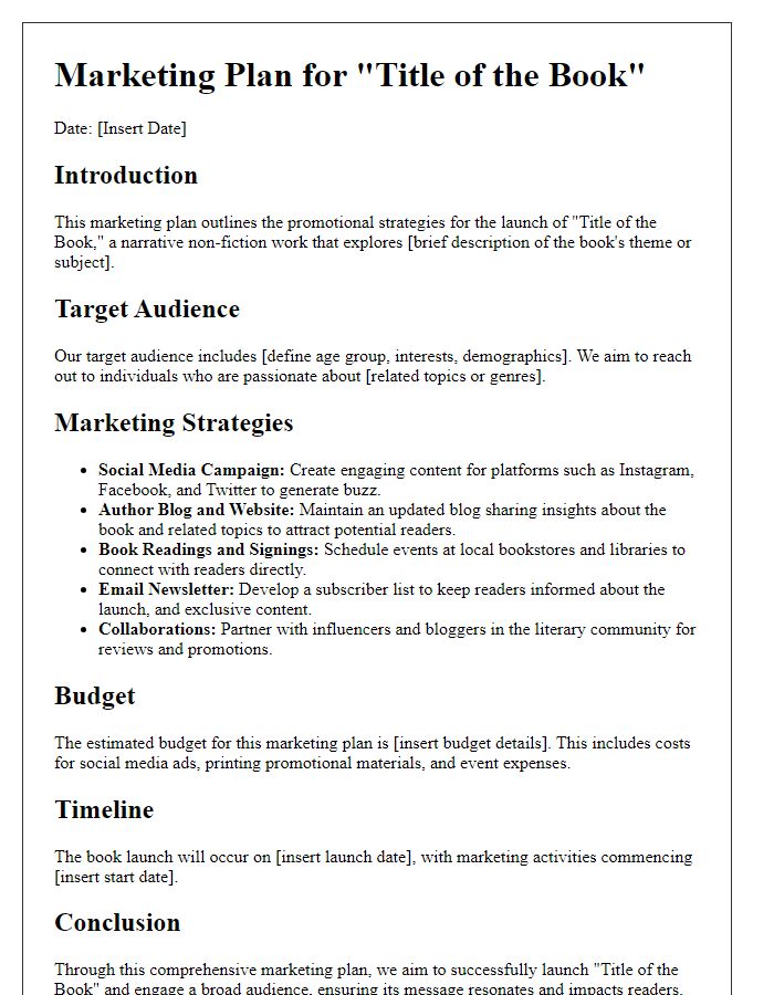 Letter template of narrative non-fiction marketing plan for book launch