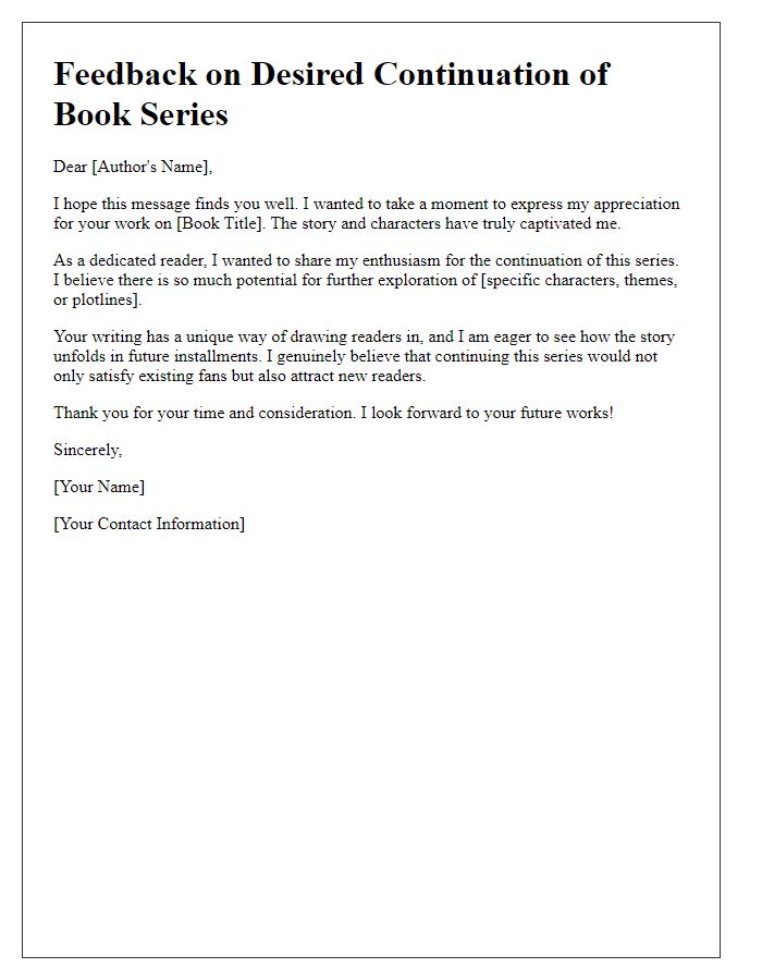 Letter template of feedback on desired continuation of a book series