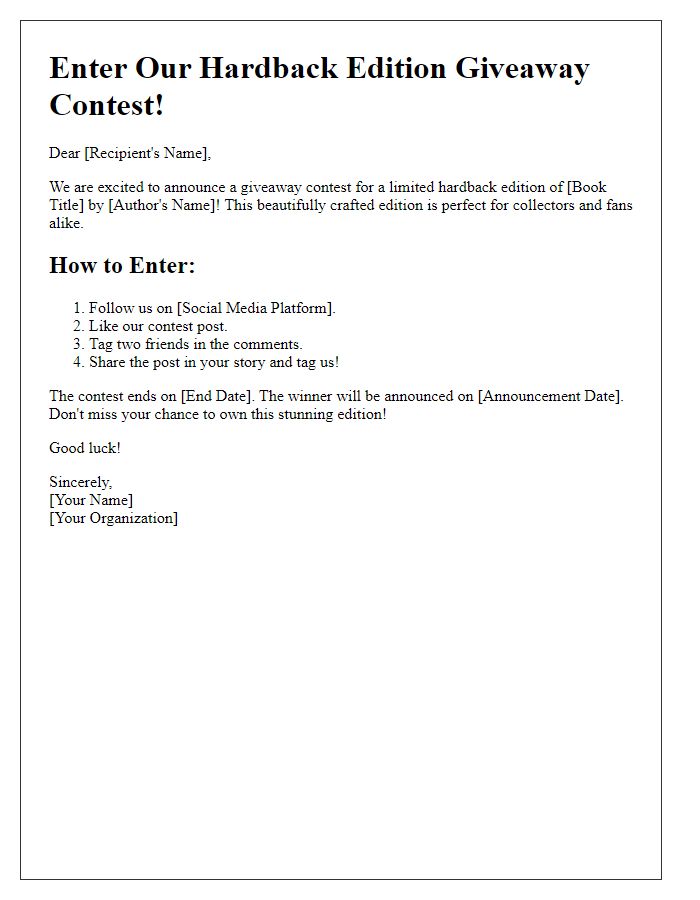 Letter template of hardback edition giveaway contest