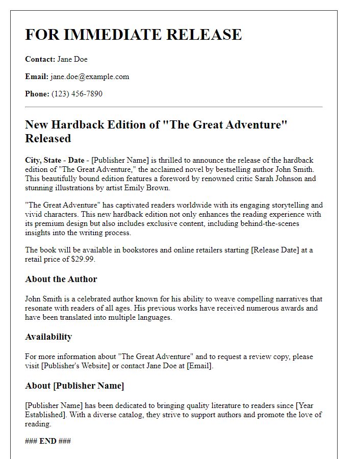 Letter template of hardback edition press release