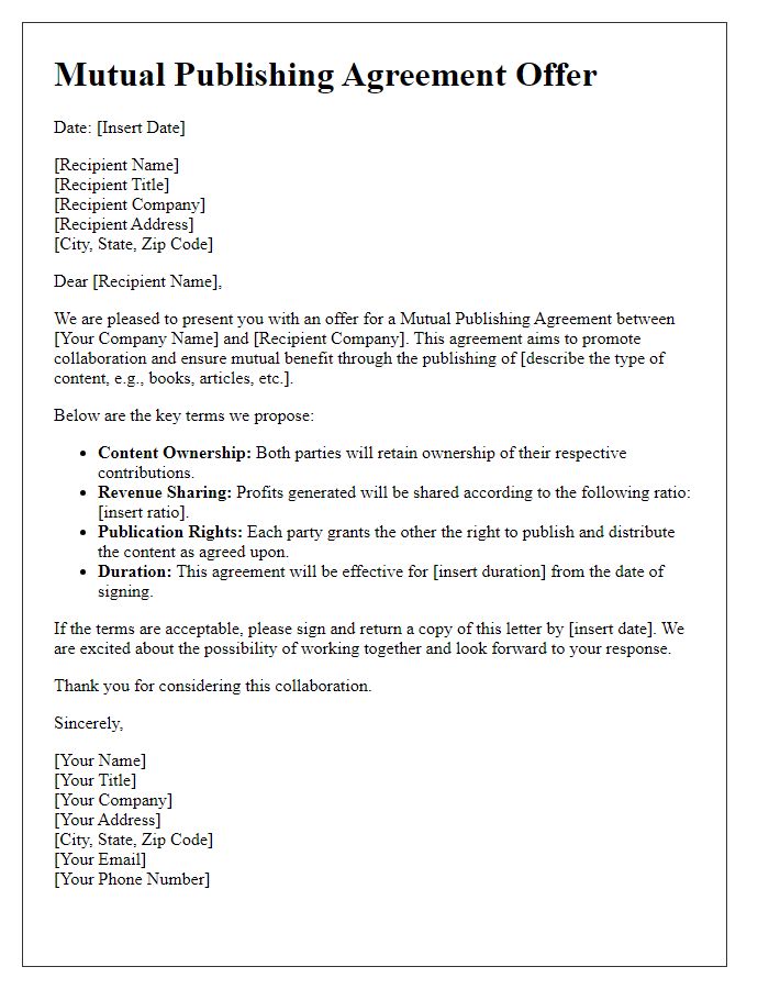 Letter template of mutual publishing agreement offer