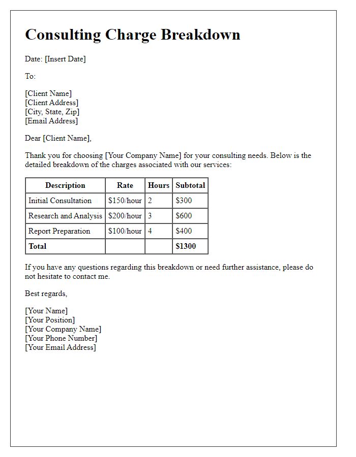 Letter template of consulting charge breakdown