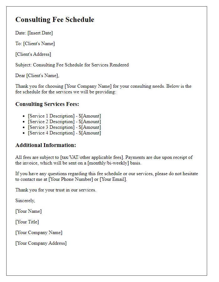 Letter template of consulting fee schedule for services rendered