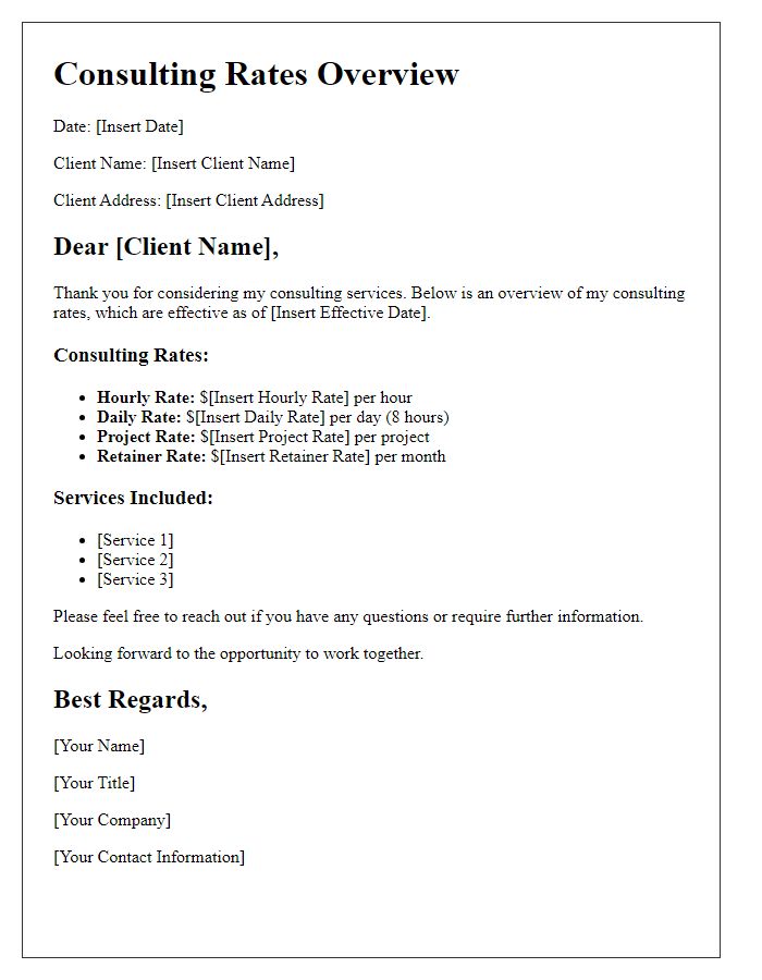 Letter template of consulting rates overview