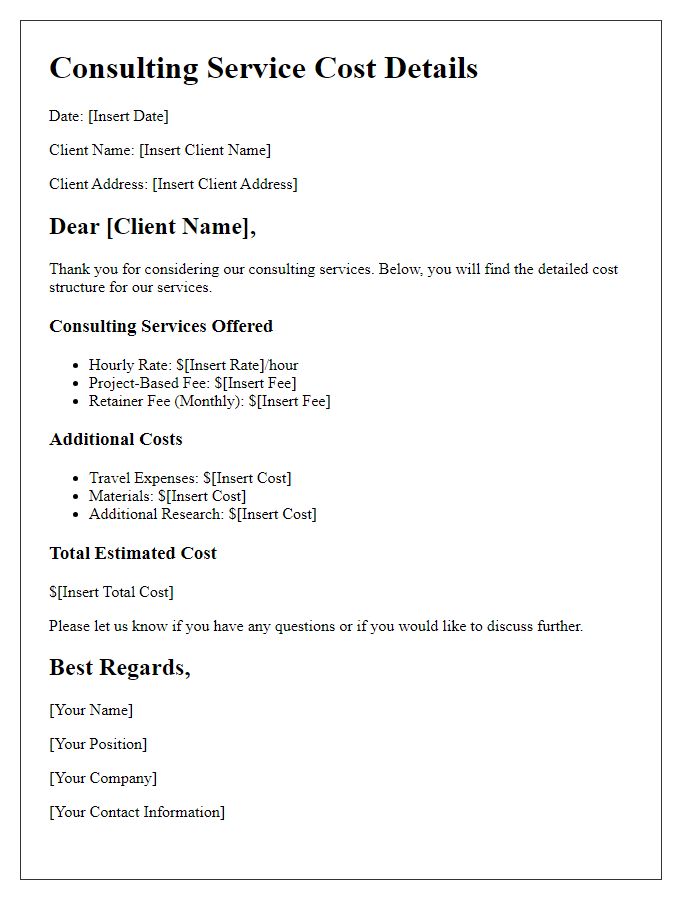 Letter template of consulting service cost details