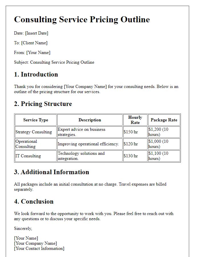 Letter template of consulting service pricing outline