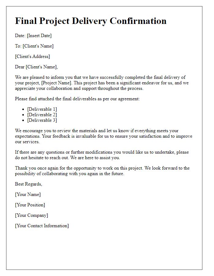 Letter template of final project delivery confirmation for client satisfaction