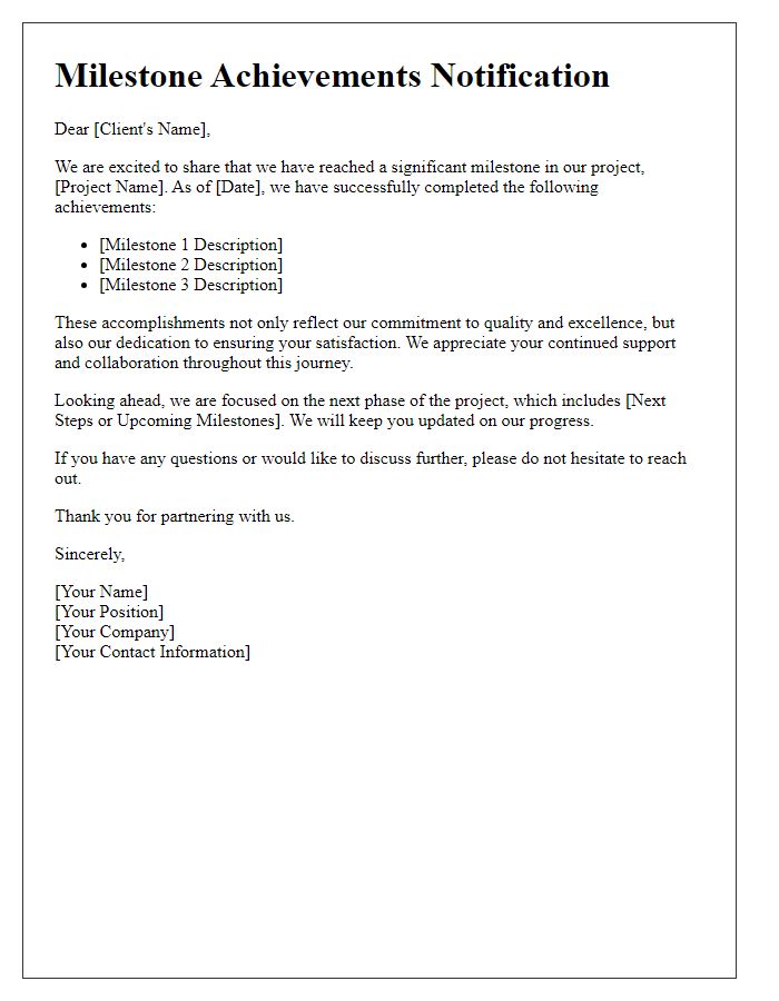 Letter template of milestone achievements notification for clients