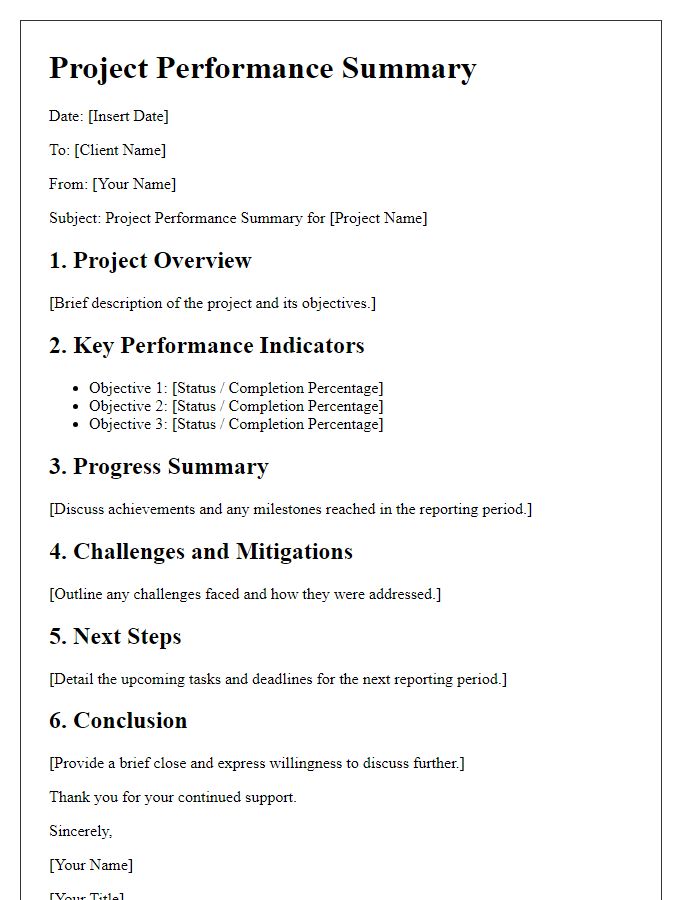 Letter template of project performance summary for client review