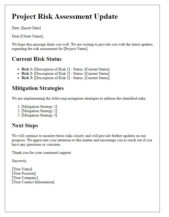 Letter template of project risk assessment update for client attention