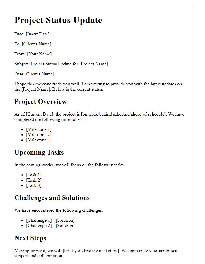 Letter template of project status update for client communication