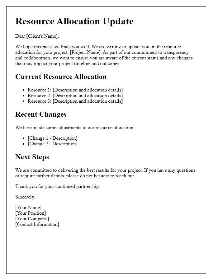 Letter template of resource allocation update for client insight