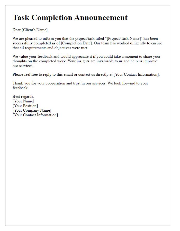 Letter template of task completion announcement for client feedback