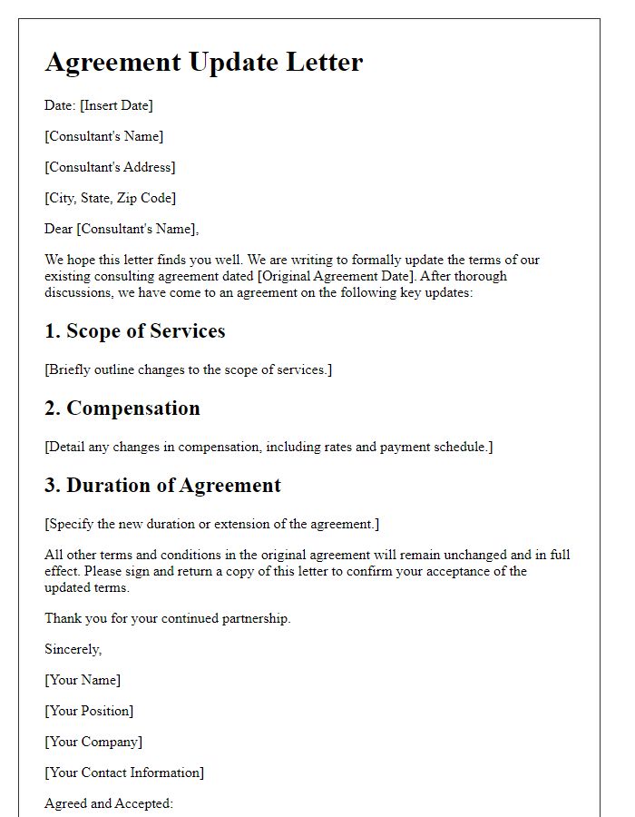 Letter template of agreement update for consulting professionals