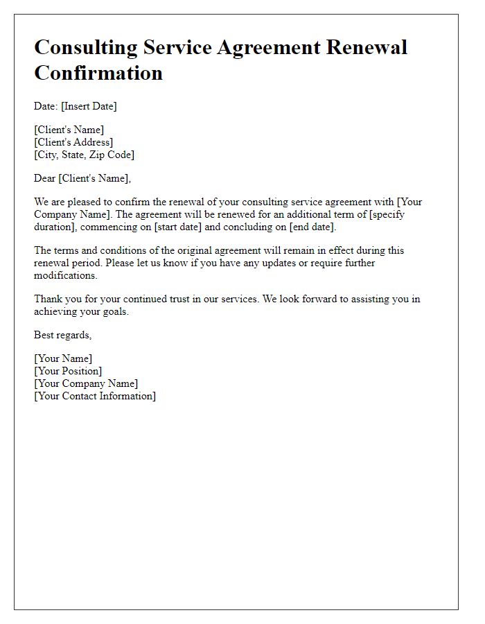 Letter template of consulting service agreement renewal confirmation