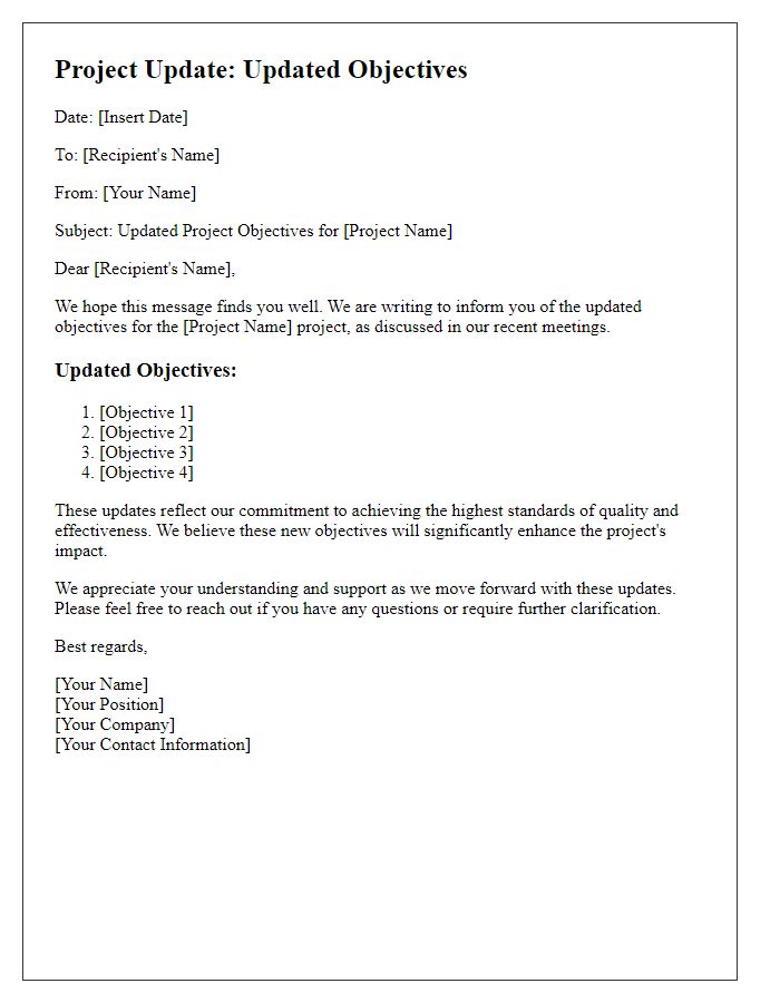 Letter template of updated project objectives