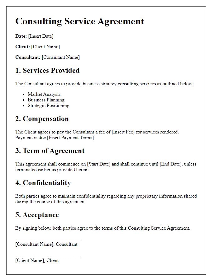 Letter template of consulting service agreement for business strategy.