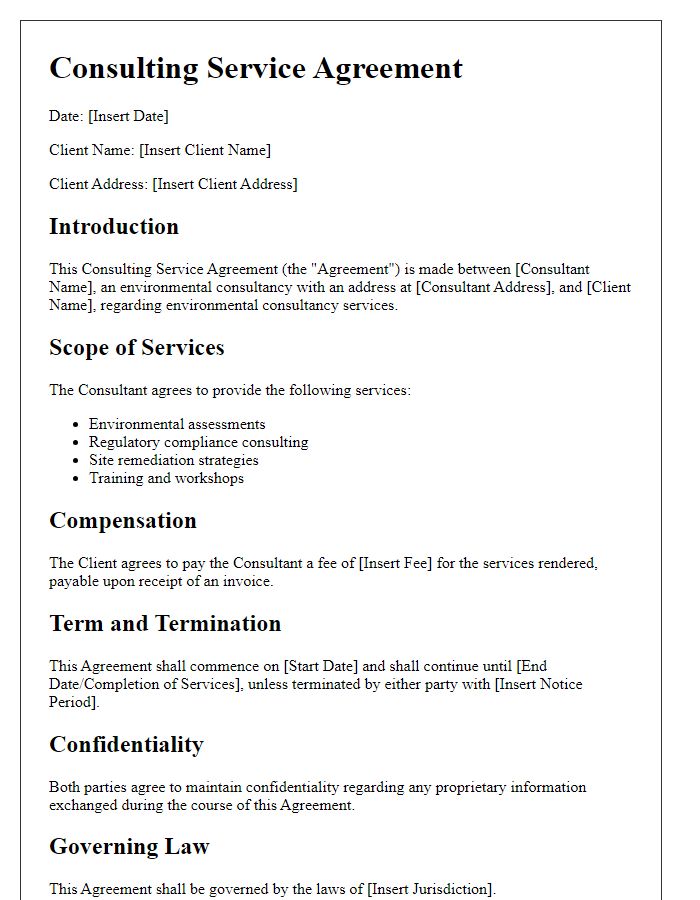 Letter template of consulting service agreement for environmental consultancy.