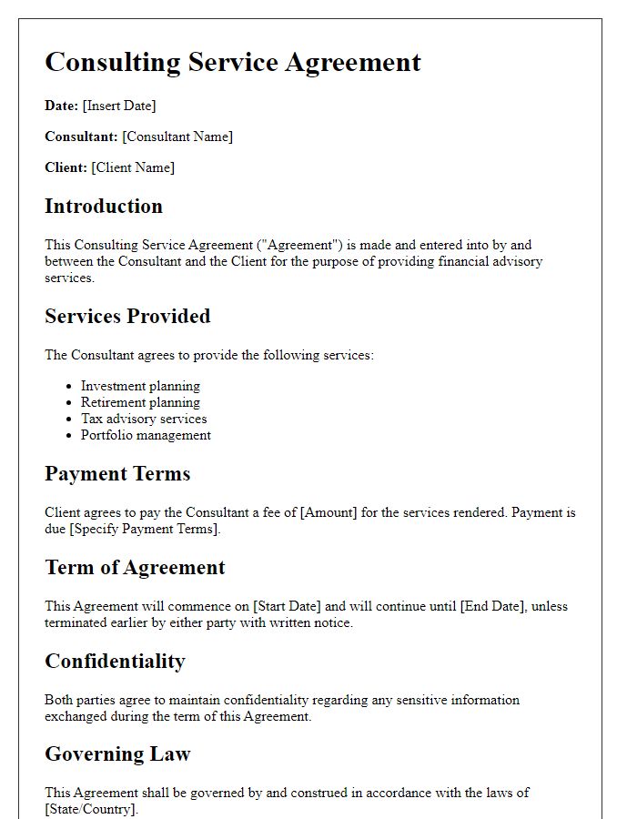 Letter template of consulting service agreement for financial advisory.