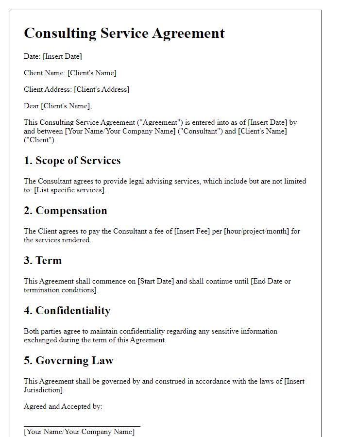 Letter template of consulting service agreement for legal advising.