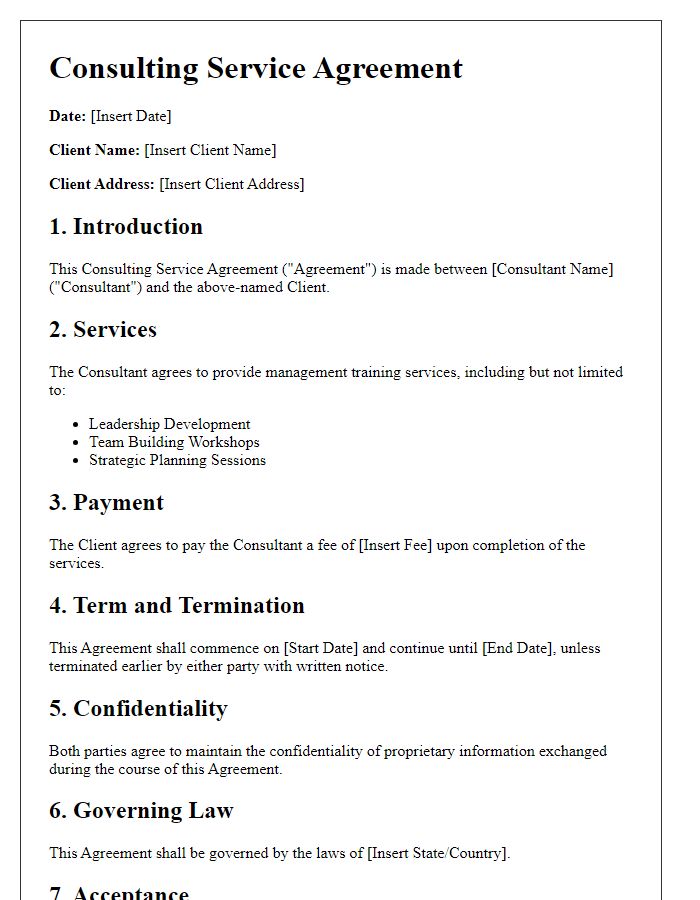 Letter template of consulting service agreement for management training.