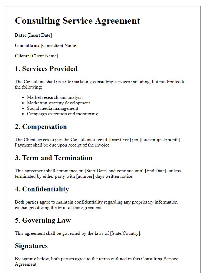 Letter template of consulting service agreement for marketing consulting.