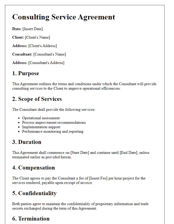 Letter template of consulting service agreement for operational improvements.