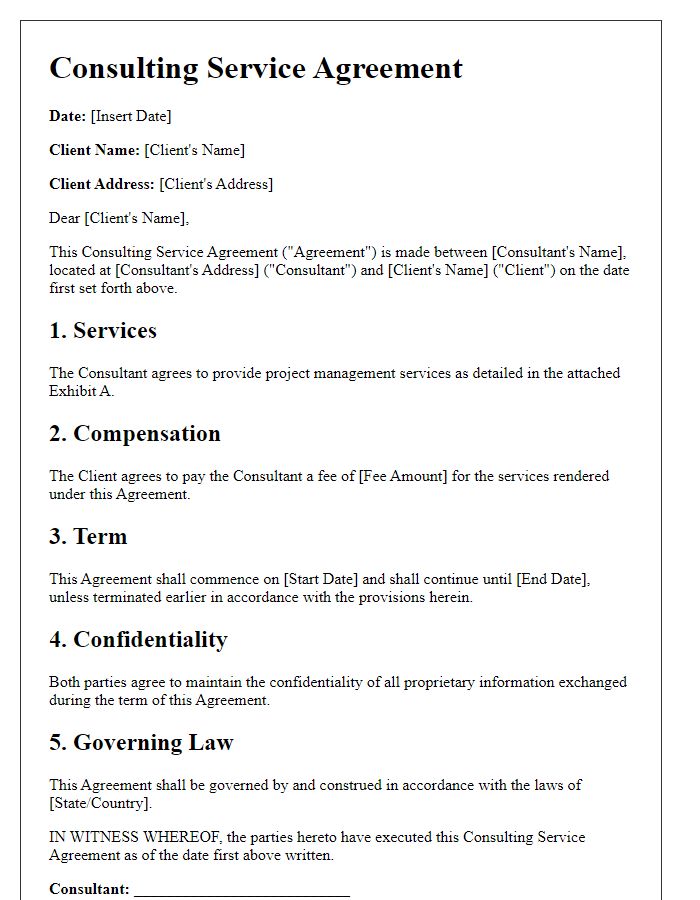 Letter template of consulting service agreement for project management.