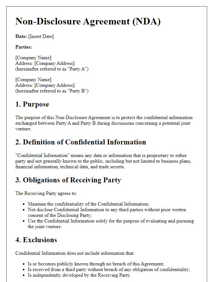 Letter template of Non-Disclosure Agreement for Joint Ventures