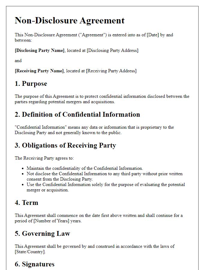 Letter template of Non-Disclosure Agreement for Mergers and Acquisitions