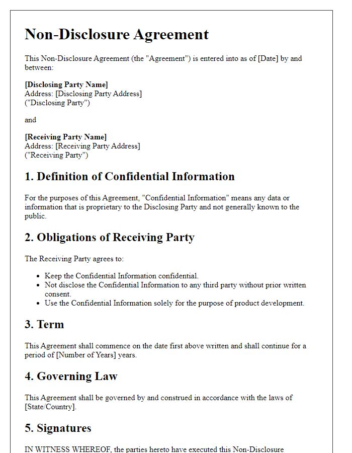 Letter template of Non-Disclosure Agreement for Product Development