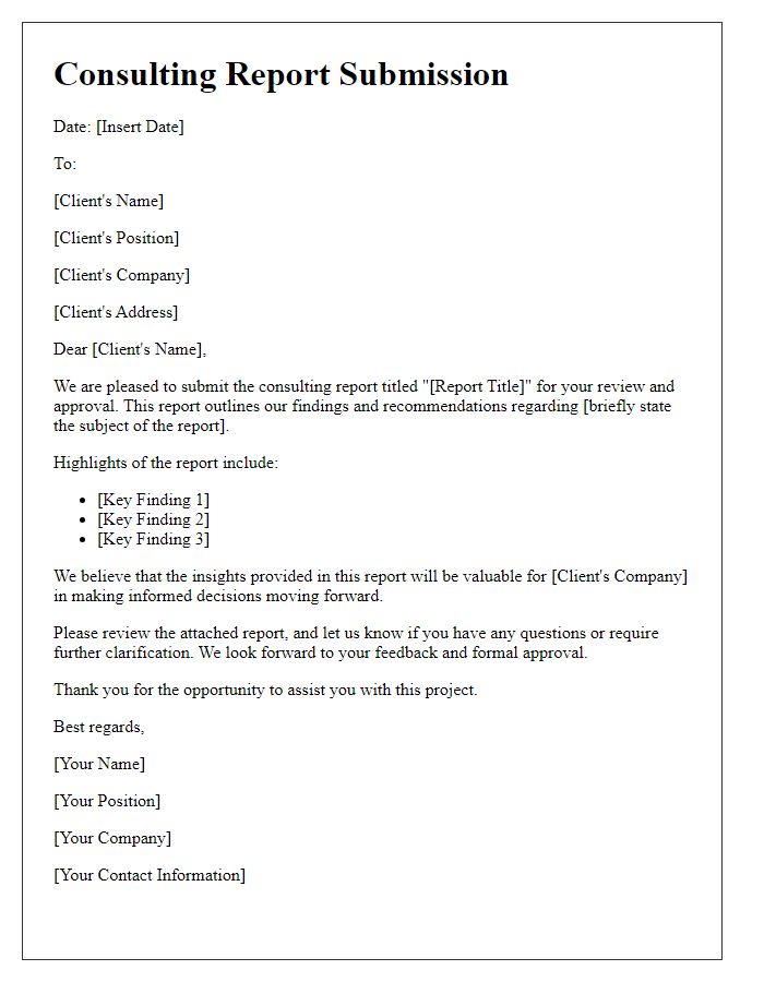 Letter template of consulting report submission for client approval