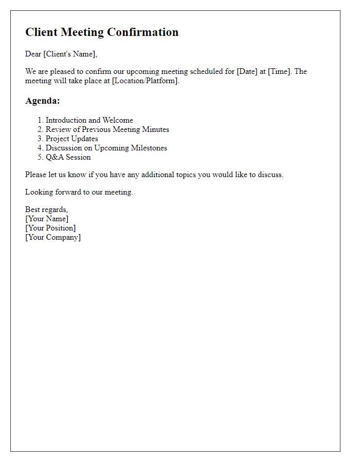 Letter template of client meeting confirmation with agenda details